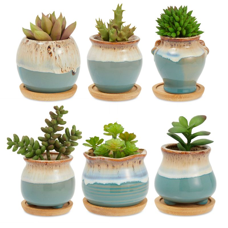 Okuna Outpost 6 Pack Small Ceramic Succulent Pots with Drainage Tray for Plants, 2 Inches, 1 of 7