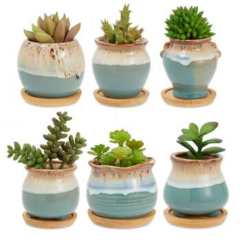 Okuna Outpost 6 Pack Small Ceramic Succulent Pots with Drainage Tray for Plants, 2 Inches