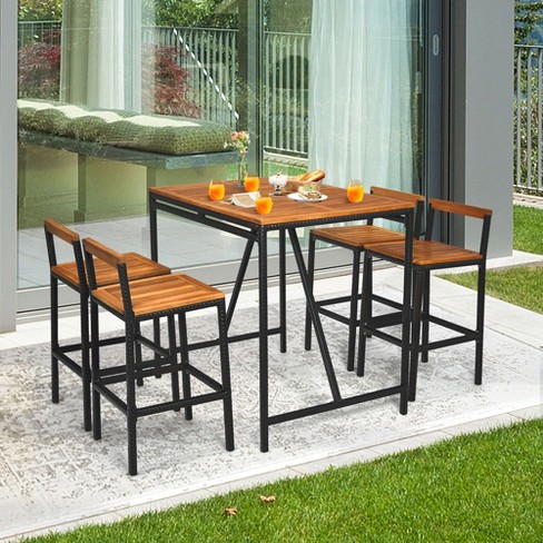 Costway 5pcs Patio Rattan Bar Table Stool Set Acacia Wood Top W umbrella Hole Target