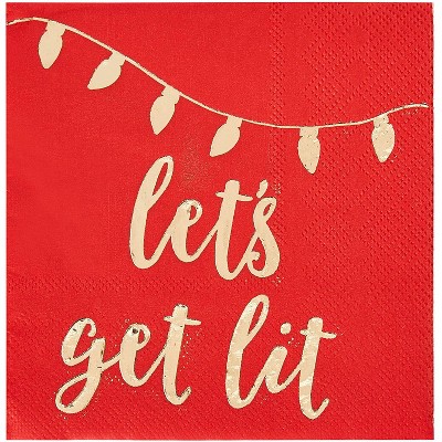 Cocktail Napkins - 50-Pack Disposable Paper Napkins, Christmas Holidays Dinner Party Supplies, 3-Ply, Let's Get Lit Design, Red and Gold Foil, 5x5"