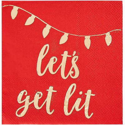 Cocktail Napkins - 50-Pack Disposable Paper Napkins, Christmas Holidays Dinner Party Supplies, 3-Ply, Let's Get Lit Design, Red and Gold Foil, 5x5"