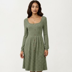 Anna-Kaci Women's Ribbed Knit A-Line Dress with Button Front Detail - 1 of 4