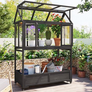 Outdoor Garden Cold Frame, Mini Greenhouse with Movable Wheels, Cold Frame with Openable Roof and Storage Box, Wood Cold Frame-Coolbibila - 1 of 4