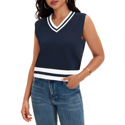 ATHLECHIC Women's Summer Knit Color Block Sleeveless V Neck Loose Fit Preppy Trendy Tank Tops