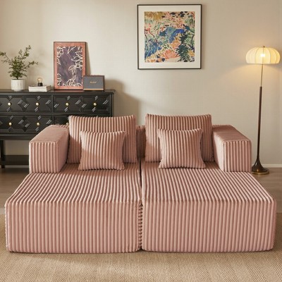 JOYRACER Oversized Chaise Lounge Chair, Corduroy Upholstered Sleeper Sofa with 4 Throw Pillows and Wide Armrest for Living Room