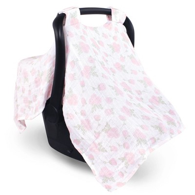 Hudson Baby Infant Girl Muslin Cotton Car Seat and Stroller Canopy, Pink Rose, One Size