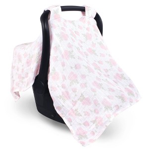 Hudson Baby Infant Girl Muslin Cotton Car Seat and Stroller Canopy, Pink Rose, One Size - 1 of 2