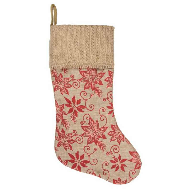 Northlight 20" Tan and Red Rustic Burlap Poinsettia Christmas Stocking, 1 of 5