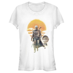 Juniors Womens Star Wars The Mandalorian The Child and Mando Walking Sunset T-Shirt - 1 of 3