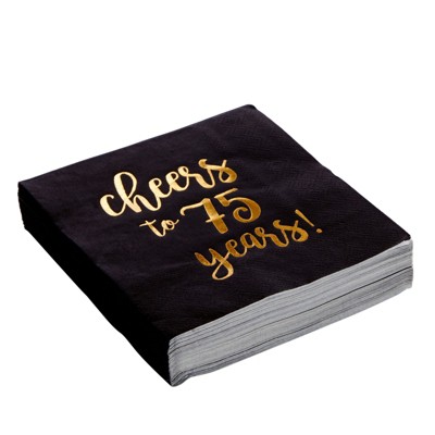 Black and Gold Cheers to 75 Years Cocktail Napkins, 50-Pack