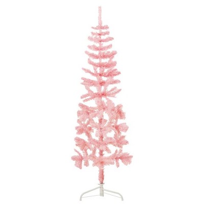 vidaXL 6 ft Modern Slim Artificial Half Christmas Tree - Vibrant Pink - Space-Saver Decoration with Stand - Easy Assembly Required - 246 Tips