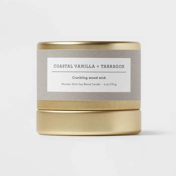 Inset Tin Coastal Vanilla + Tarragon Wood Wick Lidded Jar Candle Gold 6oz - Threshold™