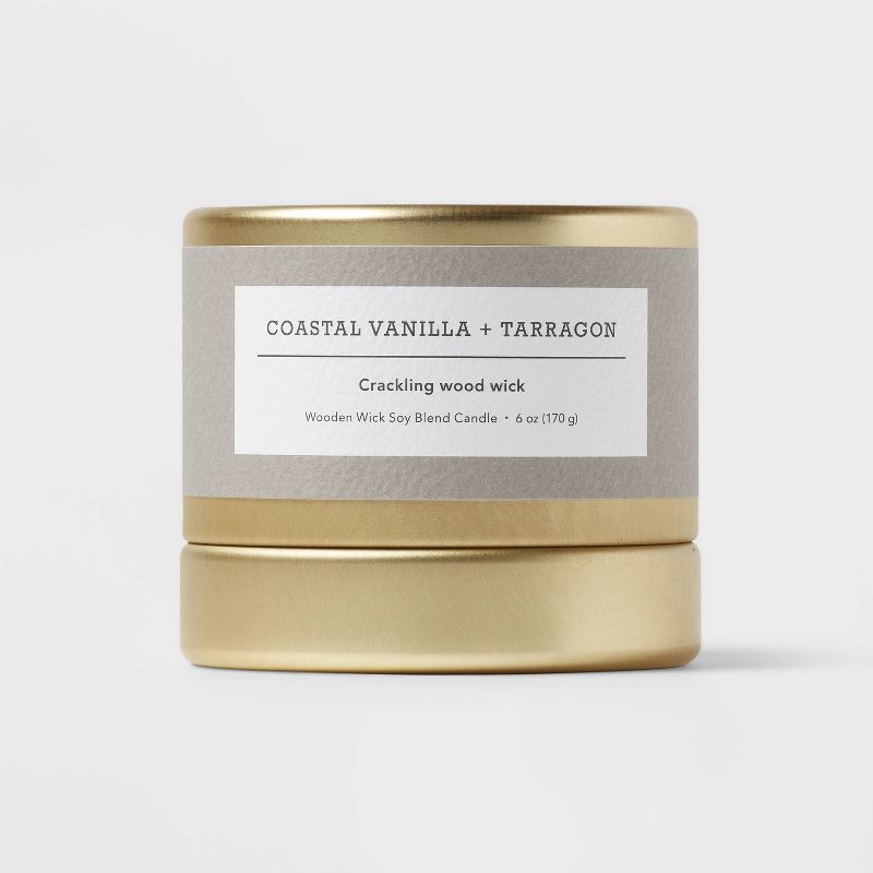 Inset Tin Coastal Vanilla + Tarragon Wood Wick Lidded Jar Candle Gold 6oz - Threshold&#8482;, 1 of 5