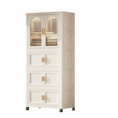 25.6" Side Folding Wardrobe with Magnetic Doors Plastic Storage Cabinet Wheels Hanging Organizer