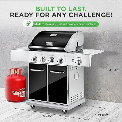 NutriChef Stainless Steel 5-Burner Propane Gas Grill with Side Burner