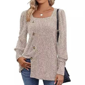 Coolmee Women's Long Sleeve  Sweaters Dressy Casual Business Square Neck Lightweight Sweaters Blouses - 1 of 4