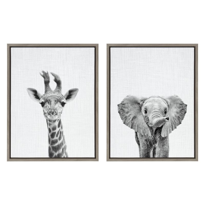 (Set of 2) Sylvie Baby Giraffe Elephant Framed Canvas by Simon Te - Kate & Laurel All Things Decor, 1 of 6
