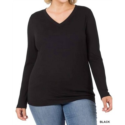 Women's Back to Basic V-Neck Long Sleeve Tee - Plus - ZENANA