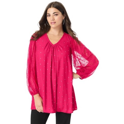 Roaman's Women's Plus Size Lace And Georgette Rhinestone Top.
