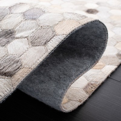 Ivory and Gray Hand-Knotted Geometric Cowhide Area Rug