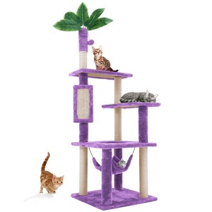 Modern Multicoloured 600 GSM Soft Plush Cat Tree Pet Tower with Sisal Post and Hanging Ball, Fake Real Leaves - 1 of 4