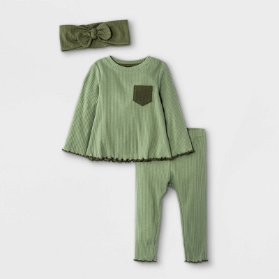 Image of Baby Girls' 3pc Rib Top & Bottom Set with Headband - Cat & Jack™ Olive Newborn