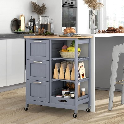Gray Rubber Wood Kitchen Cart with Storage and Wheels