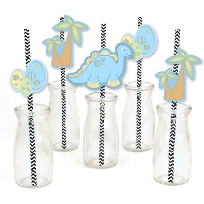 Big Dot of Happiness Baby Boy Dinosaur Paper Straw Decor - Baby Shower Striped Decorative Straws - Set of 24