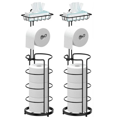 FONTOI 2-Pack Toilet Paper Holder Stand, Free Standing Paper Holder Stand with Shelf Organizers, Floor Stand Storage, Black, 14.2"*26.9"*6.9"