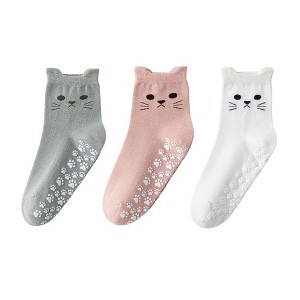 Anna-Kaci Women's Cat Face Grip Socks with Paw Print Anti-Slip Sole Soft Knit Ankle Socks for Home or Yoga 3-Pack - 1 of 4