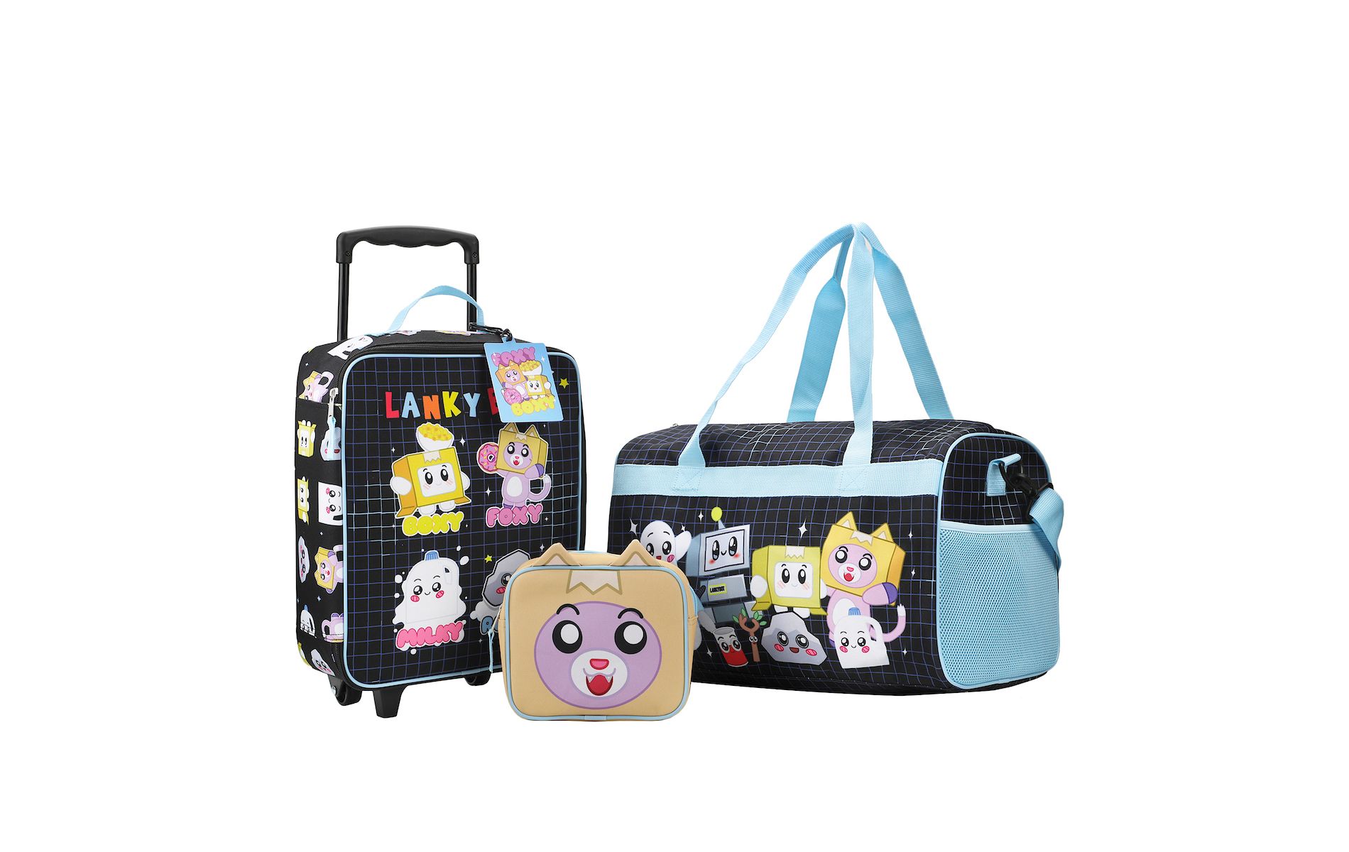 LankyBox 4-Piece Kids'  Carry On Travel Set – Officially Licensed with 14" Pilot Case, Duffle Bag, Utility Case, and Luggage Tag