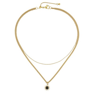 Slate by Rebl Double-Layer Black CZ Sun Pendant Necklace  18K Gold Plated Stainless Steel