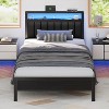 Furnulem Twin size bed frame with charging station and LED light gray upholstered headboard two-tier storage shelves no spring mattress required - 2 of 4
