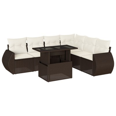 vidaXL 7 Piece Patio Sofa Set with Cushions Brown and Cream Poly Rattan - without storage