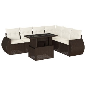 vidaXL 7 Piece Patio Sofa Set with Cushions Brown and Cream Poly Rattan - without storage - 1 of 4