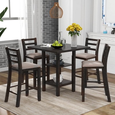 5-Piece Counter Height Dining Set,Wooden Dining Table With Storage Shelf And 4 Padded Chairs,Dining Set For Kitchen-Cuddlewood