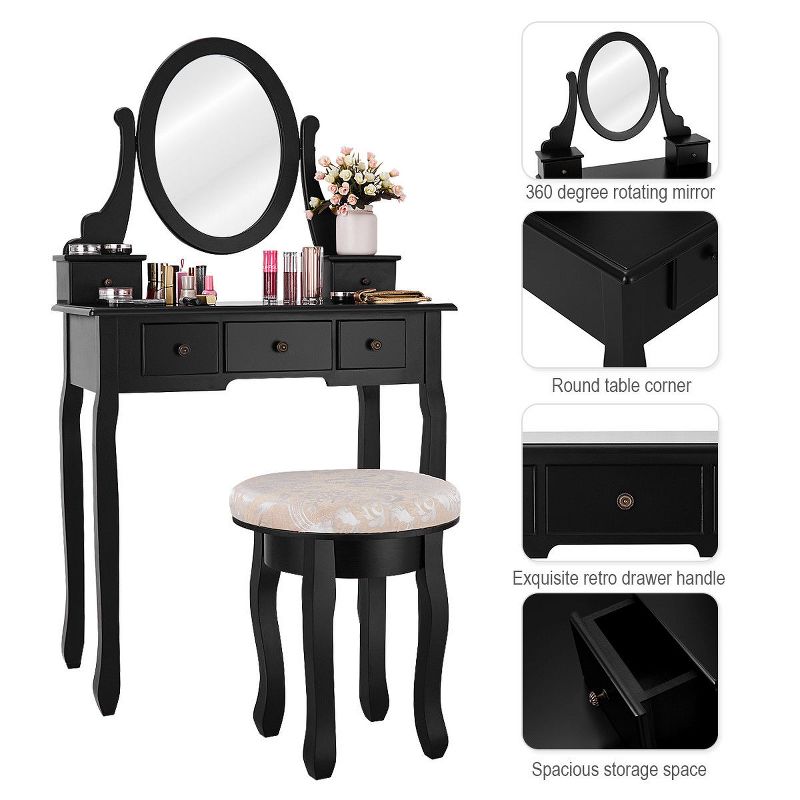 Costway Vanity Table Makeup Table Cushioned Mirror 5 Drawers Black, 3 of 10