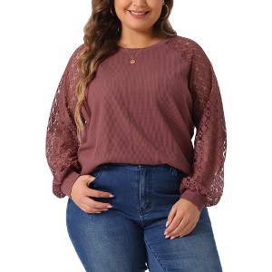 Agnes Orinda Women's Plus Size Lace Crew Neck Long Sleeve Knit Blouses - 1 of 4