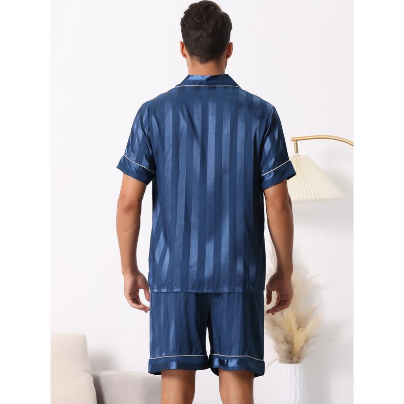 cheibear Men Satin Button Down Striped Short Sleeve and Shorts Pajama Set, 4 of 7