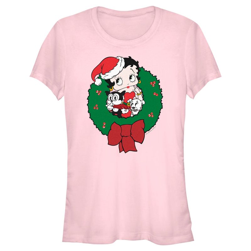 Juniors Womens Betty Boop Christmas Characters Wreath T-Shirt, 1 of 5