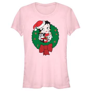 Juniors Womens Betty Boop Christmas Characters Wreath T-Shirt