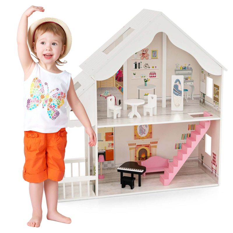 Costway Kids Wooden Dollhouse Semi-Opened DIY Playset with Simulated Rooms & Furniture, 1 of 11