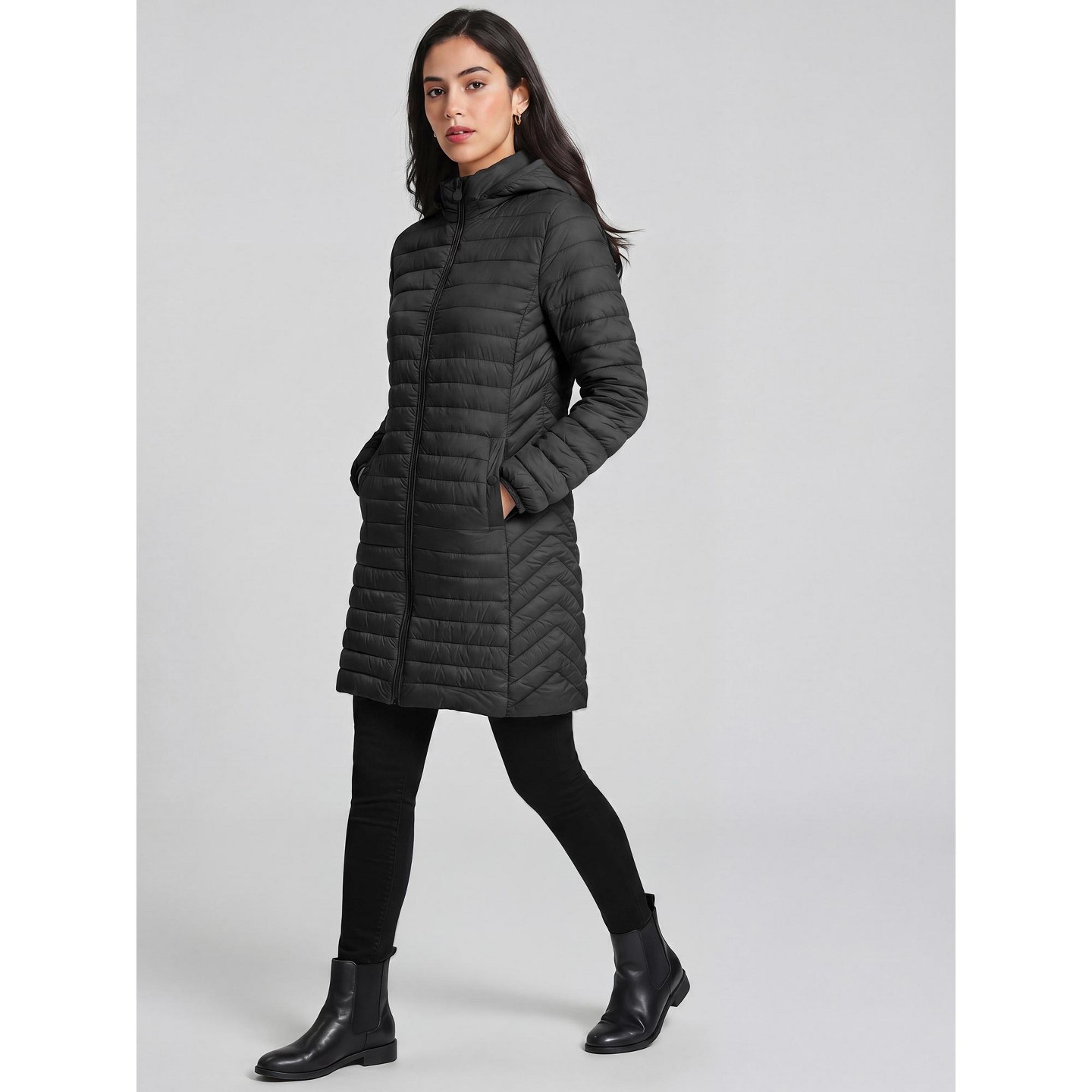 Женская куртка INSPIRE CHIC Mid-Length Standard Fit Zip-Up Stand Collar Elastic Cuffs Lightweight Detachable Hood Quilted Puffer Coat Medium Black, цвет: Чёрный — фото 4