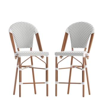 Merrick Lane Set of Two Indoor/Outdoor Stacking French Bistro Counter Stools with White and Gray Patterned Seats and Backs & Bamboo Finished Metal Frames