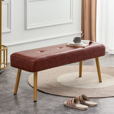 Modern Ottoman Bench PU Leather Upholstered Footrest Stool Bedroom Bench With Metal Legs Padded Seat For Entryway Dining Room