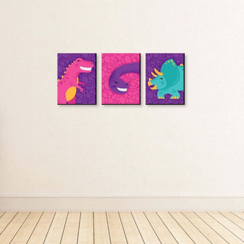 Big Dot of Happiness Roar Dinosaur Girl - Dino Mite T-Rex Nursery Wall Art and Kids Room Decorations - Gift Ideas - 7.5 x 10 inches - Set of 3 Prints, 3 of 8