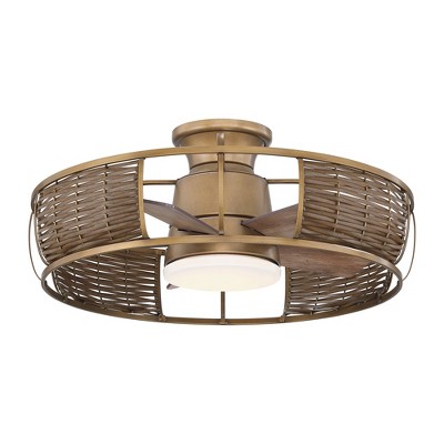 Natural Brass Rattan Flush Mount Ceiling Fan with LED Light and Remote