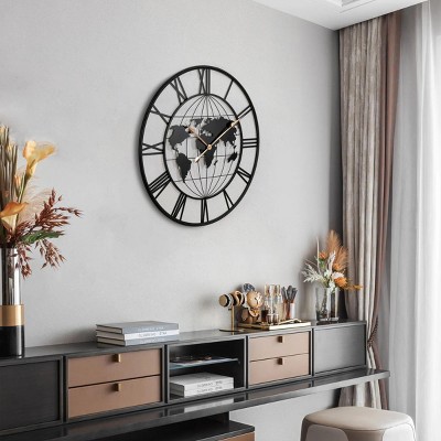 36"H Roman Numeral Black Clock,Silent World Map Clock With Gold Pointers,Metal Wall Clock Contemporary,Decorative Clock,Indoor Furniture -The Pop Home