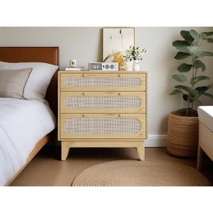 Zstar Rattan 3 Drawer Dresser, Modern Farmhouse Wooden Chest with 3 Drawers, Rattan Wooden Narrow Bedside Nightstand, Accent Side Table - 1 of 4