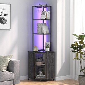 VECELO 63" Tall Corner Bookshelf 6-Tier Corner Shelf Standing Cabinet Organizer with LED Light and Charging Station, Small Space, Brown/Gray - 1 of 4
